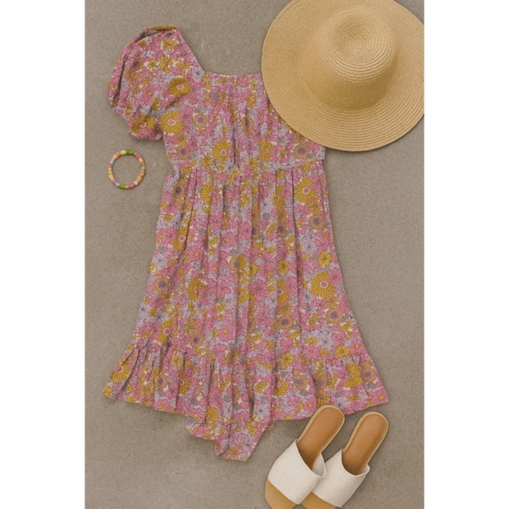 There Abouts Floral Print Dress Open Back Tie‎ Cottagecore Pink Yellow XL